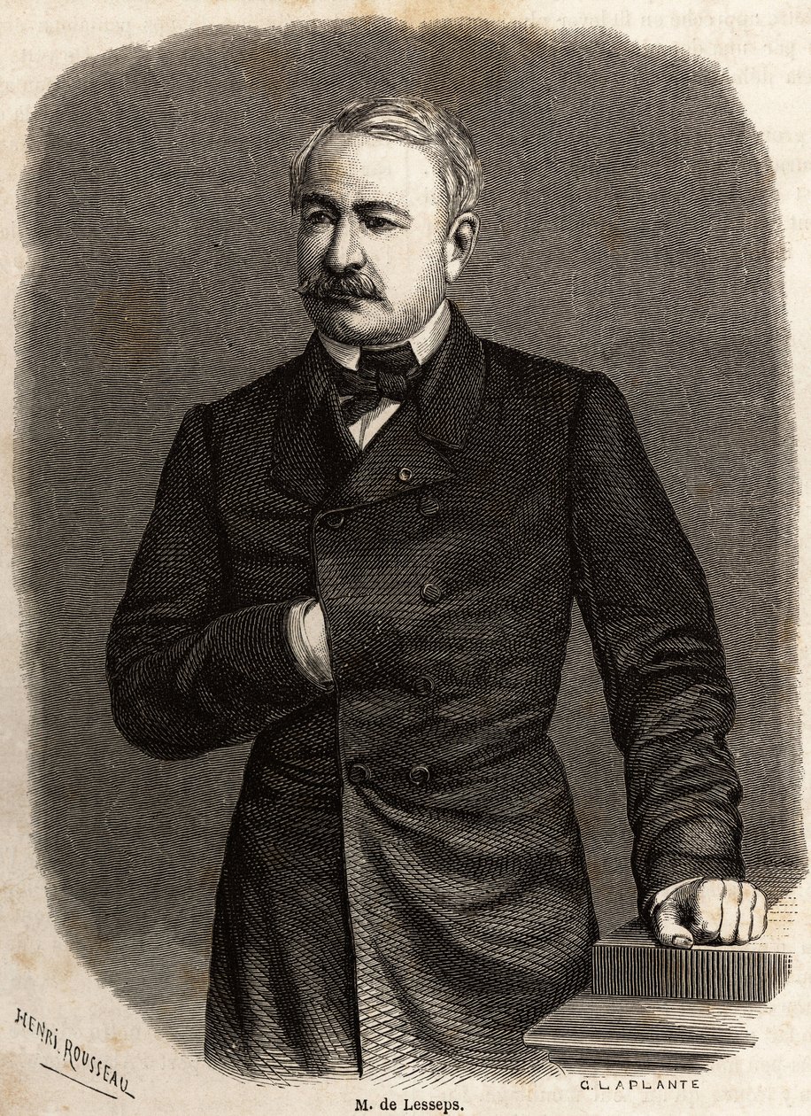 Portrait of Ferdinand de Lesseps (1805-1894) diplomat and entrepreneur, promoter of the two ambitious projects: the Canals of Suez and Panama, drawing by Henri Rousseau, to illustrate an excursion to the Suez Canal in 1862 by Paul Merruau. Engraving in “”  作者 亨利·埃米利安·卢梭（Henri Emilien Rousseau）