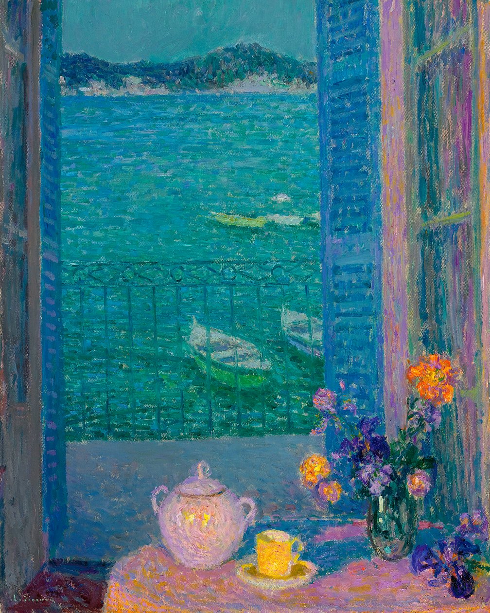窗边的花束，滨海自由城 - 窗边的一束花，滨海自由城 - Henri Le Sidaner 的绘画（1862-1939） 作者 亨利·尤金·奥古斯丁·勒·斯达纳