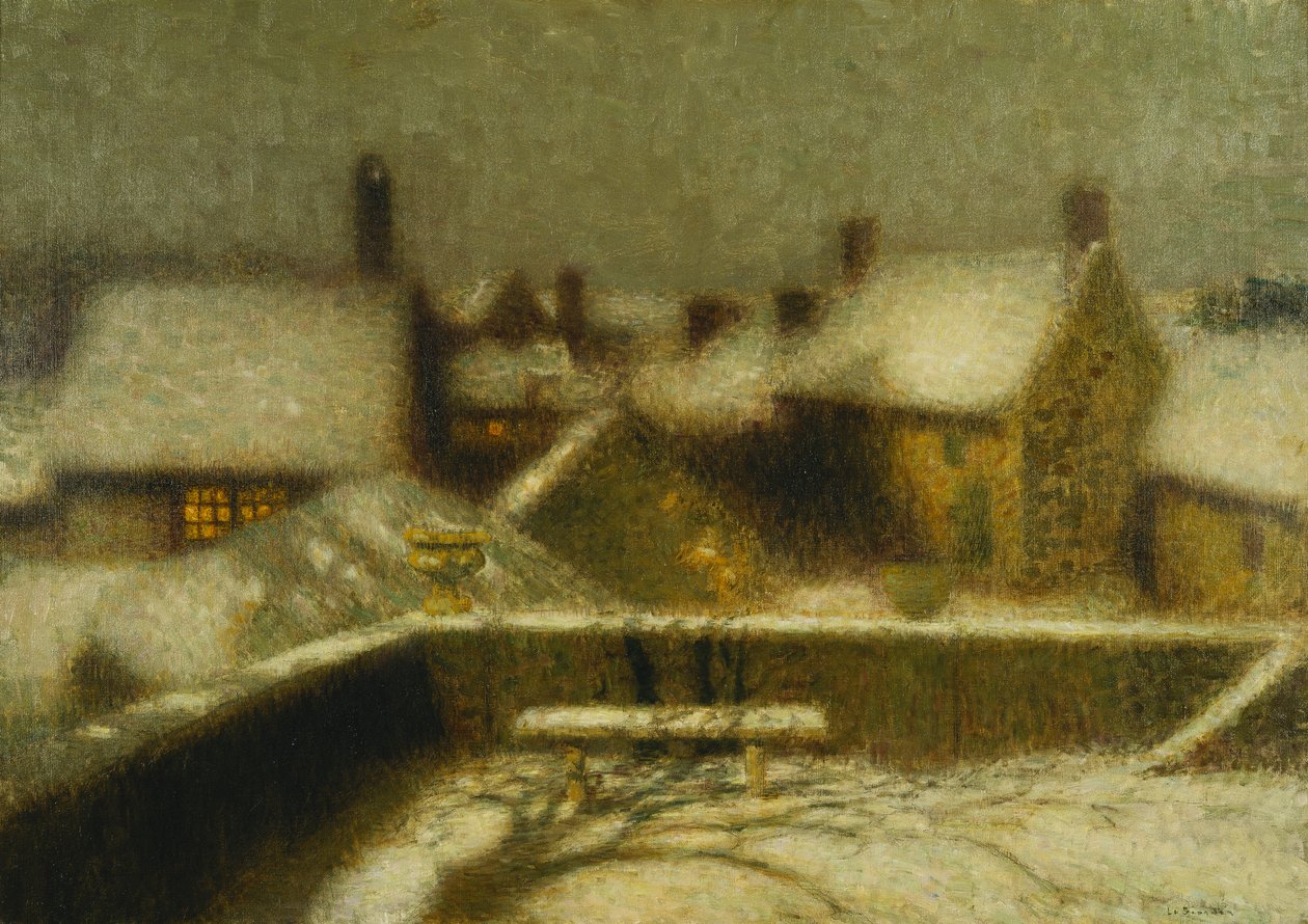 雪中的非洲菊；雪下的Gerberoy，约1900年（布面油画） 作者 亨利·尤金·奥古斯丁·勒·斯达纳