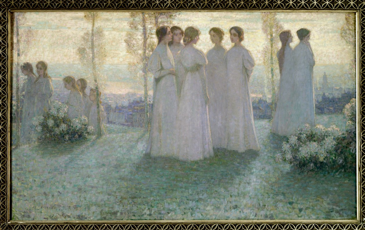 星期天，穿着白色衣服的女人在花园里说话 - Henri Eugene (Henri-Eugene) Le Sidaner (1862-1939) 的绘画 作者 亨利·尤金·奥古斯丁·勒·斯达纳