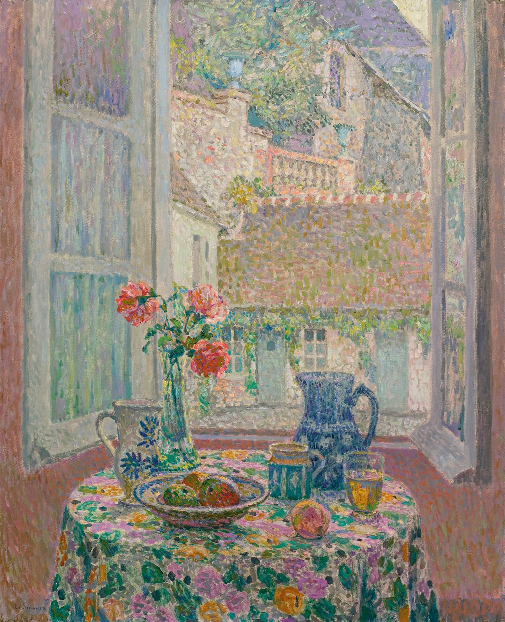 俯瞰庭院的桌子 - 俯瞰庭院的桌子 - Henri Le Sidaner 的绘画（1862-1939） 作者 亨利·尤金·奥古斯丁·勒·斯达纳