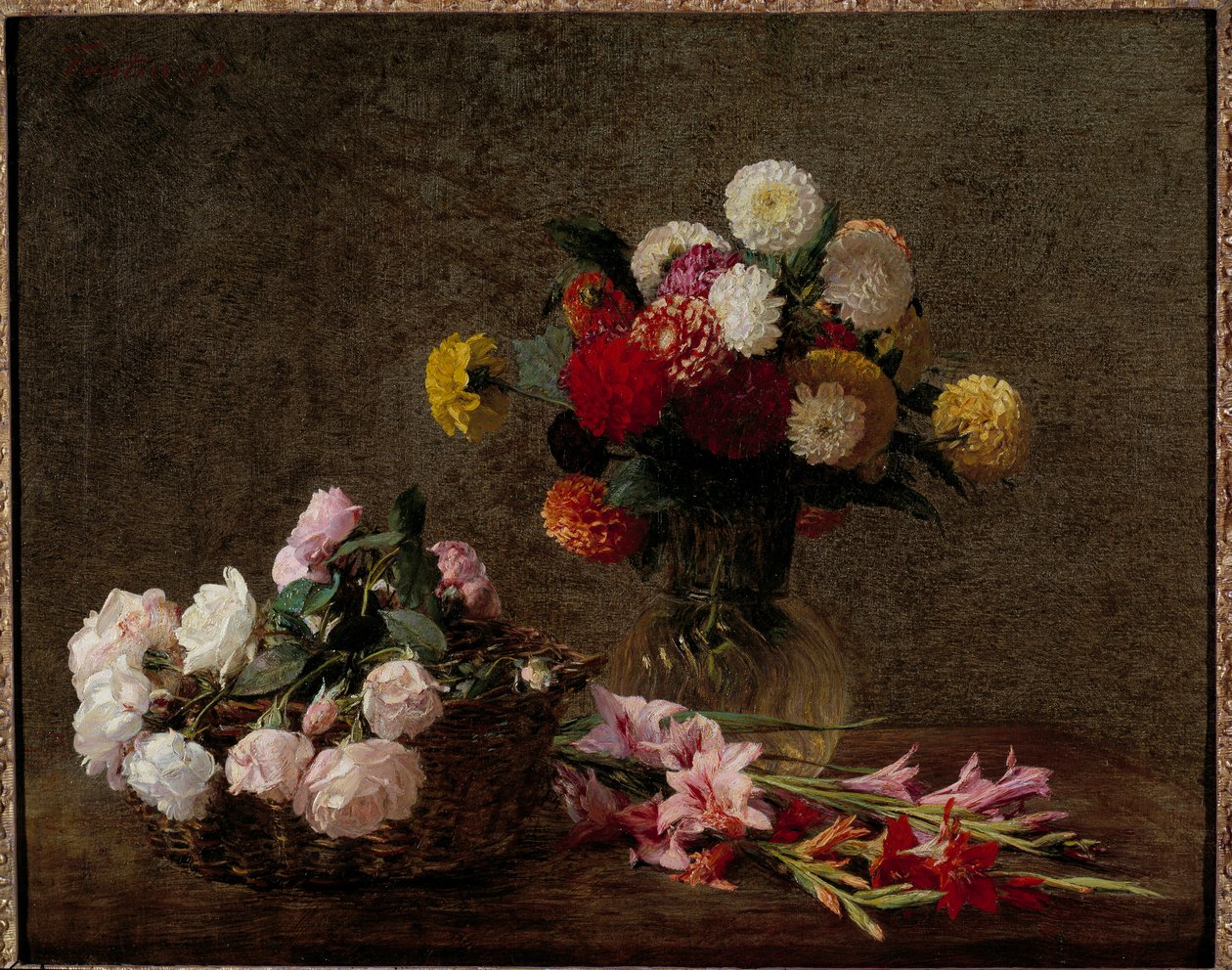 篮子里的大丽花和玫瑰 绘画亨利·方丹·拉图 (Fantin-Latour 作者 伊格纳斯·亨利·让·范坦·拉图尔
