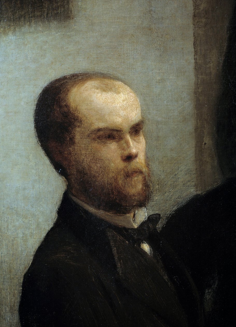 桌角，细节。诗人Paul Verlaine的肖像。亨利-方丹-拉图尔（Fantin-Latour）的画作。 作者 伊格纳斯·亨利·让·范坦·拉图尔