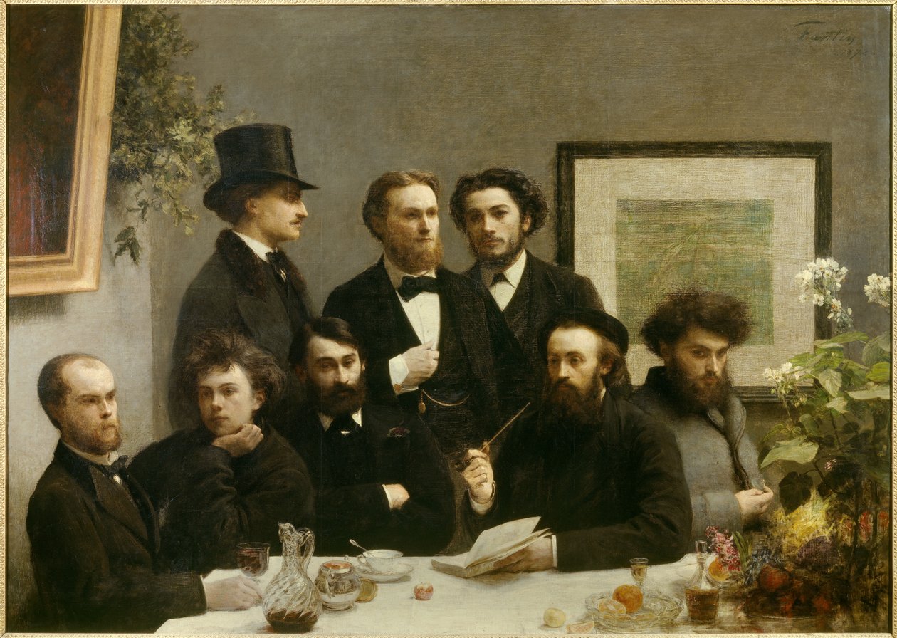 桌角 代表从左到右 Paul Verlaine、Arthur Rimbaud、Elzear Bonnier、Leon Valade、Emile Blemont、Jean Aicart、Ernest d