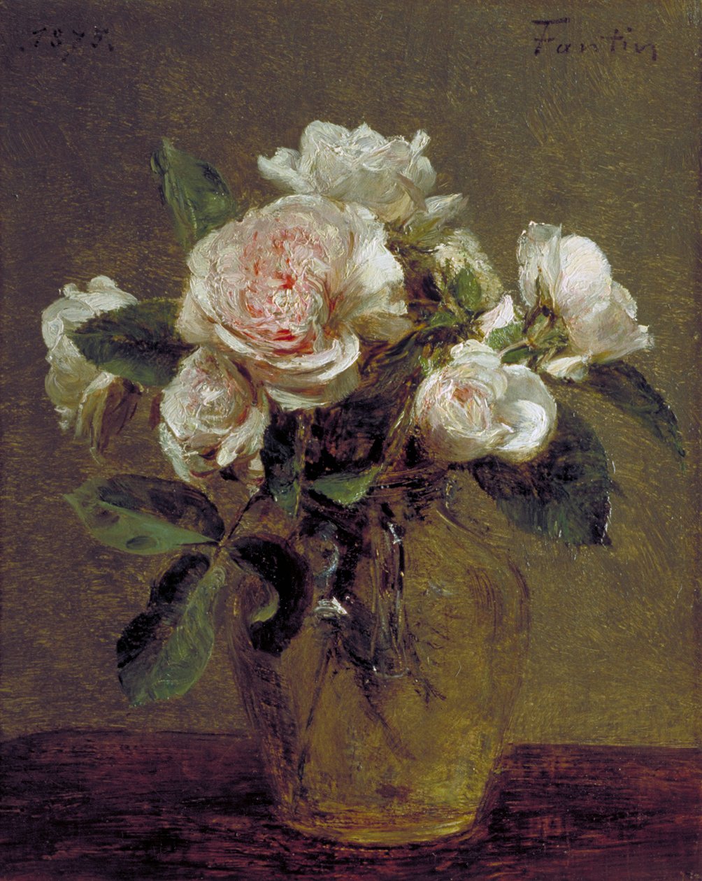 玻璃花瓶中的白玫瑰》，1875年 作者 伊格纳斯·亨利·让·范坦·拉图尔
