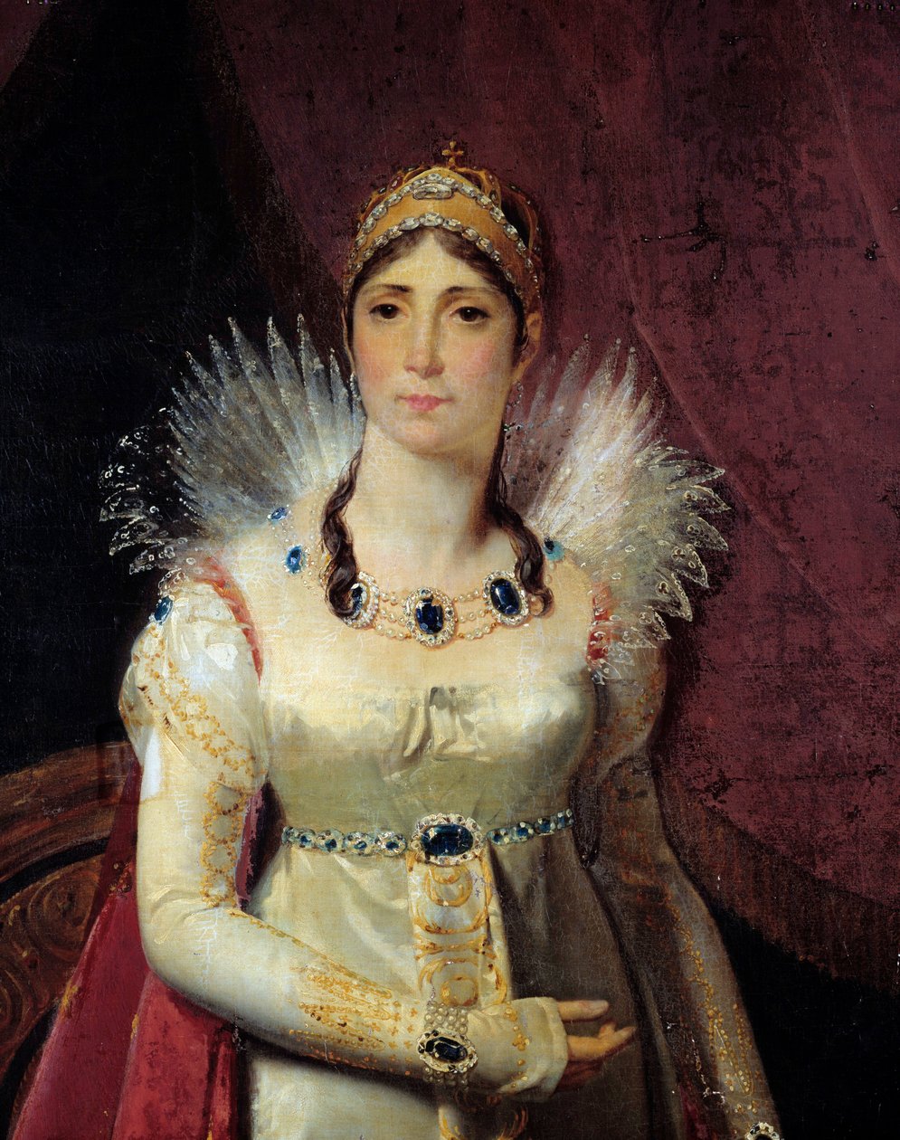 约瑟芬·德·博哈奈 (Josephine de Beauharnais) 的肖像 (1763-1814) 细节。 Henri Francois Riesener (1767-1828) 1806 年作画。 2,3x1,3 m Malmaison，马尔迈森城堡和 Bois Preau - 皇后 Josephine de Beauharnais（1763-1814）的肖像 - 细节。 作者 亨利·弗朗索瓦·里森纳