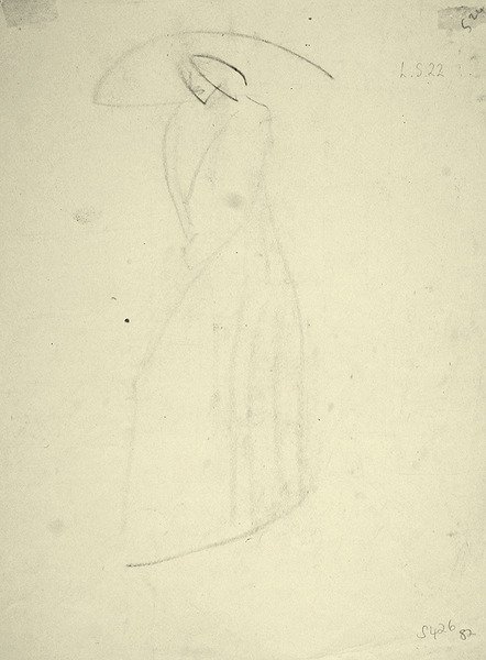 戴着大帽子的站立女性（纸上黑色粉笔画） 作者 亨利·高第·布热斯卡