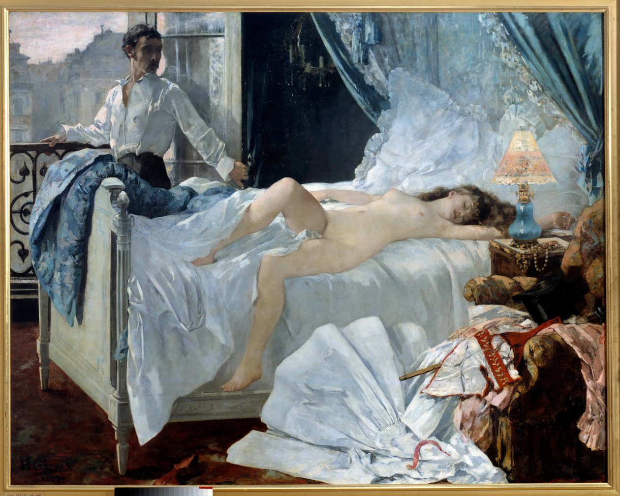 罗拉。 一对情侣在卧室里，女人裸睡，男人在窗边看着她。 Henri Gervex (1852 - 1929) 的绘画。 1878. 昏暗。 1,75 x 2,20 m 波尔多美术博物馆 - 罗拉。 一对夫妇在卧室里，女人正在睡觉 作者 亨利·格维克斯