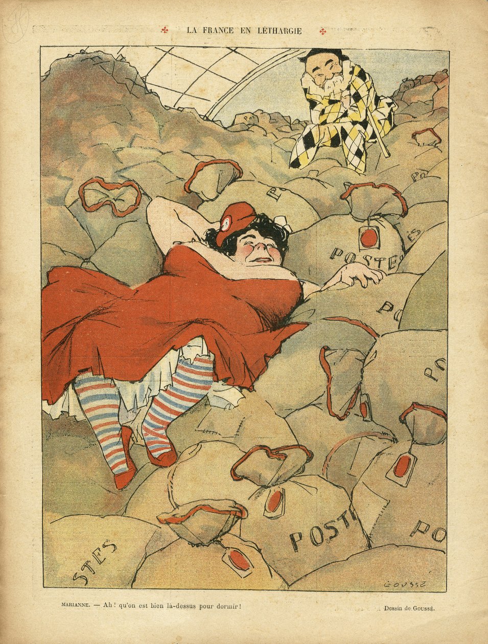 亨利·古斯 (1872-1914) 的插图，Le Rire，03/04/09 - La France en lethargie - 社会，格雷夫，邮政信使 - 克列孟梭·乔治，玛丽安 作者 亨利·古斯