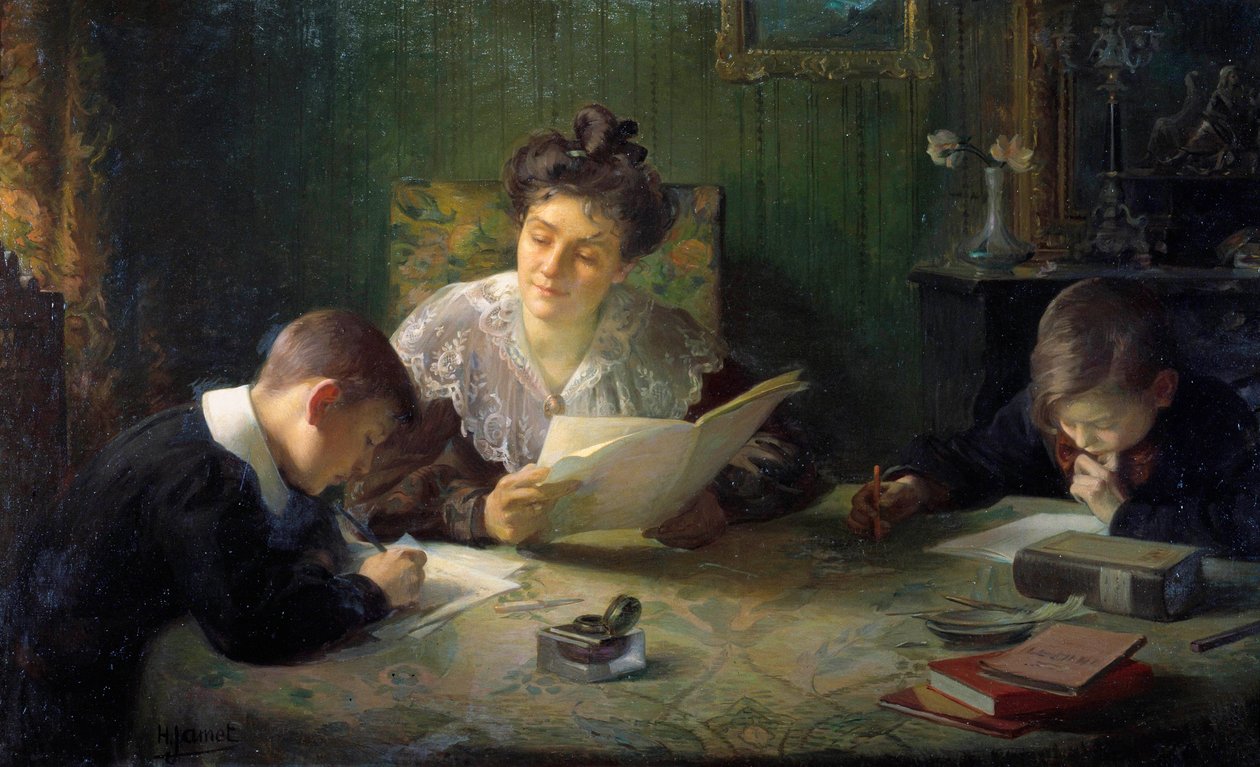 家庭作业 母亲帮助孩子们做家庭作业。 Henri Jamet (1858-1940) 的绘画，二十世纪奥尔良，美术博物馆 作者 亨利·贾梅特