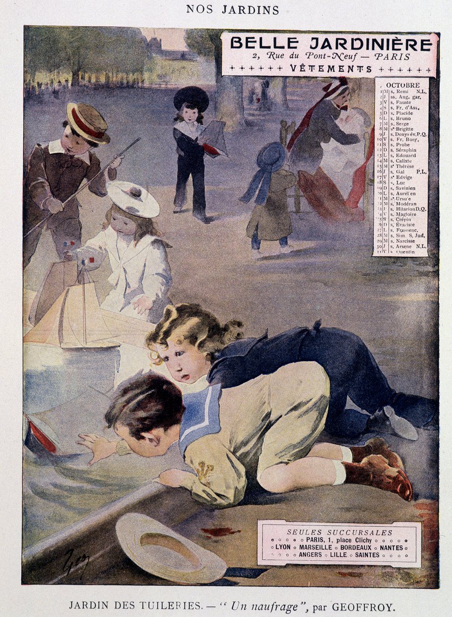孩子们在杜乐丽花园玩船，Jean Geoffroy（1853-1924），日历“Belle Jardiniere”，系列“Nos Jardins”，10 月，日期不详。 v.1900。 作者 亨利·儒勒·让·杰弗鲁瓦