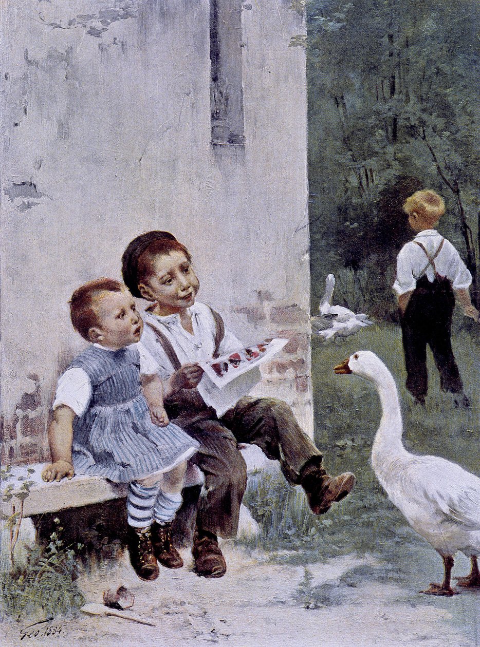 教育：孩子们阅读和鹅看着他们 - 生病了。 Geoffroy 着，在“”Figaro Illustré””中，1901 年 5 月 作者 亨利·儒勒·让·杰弗鲁瓦