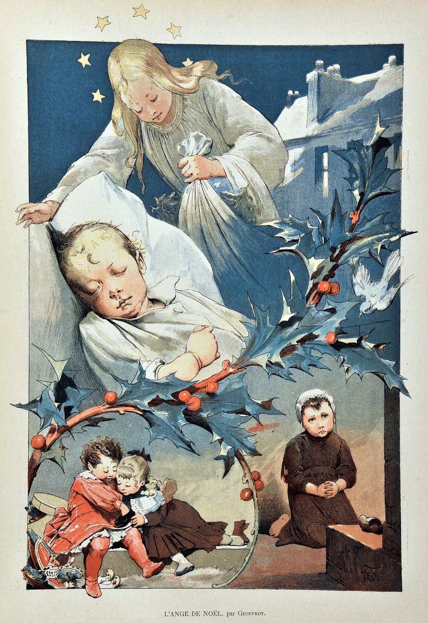 圣诞节的天使。插图：Jean GEOFFROY (1853-1924) 1887年在 "巴黎画报周刊 "上的版画。 作者 亨利·儒勒·让·杰弗鲁瓦