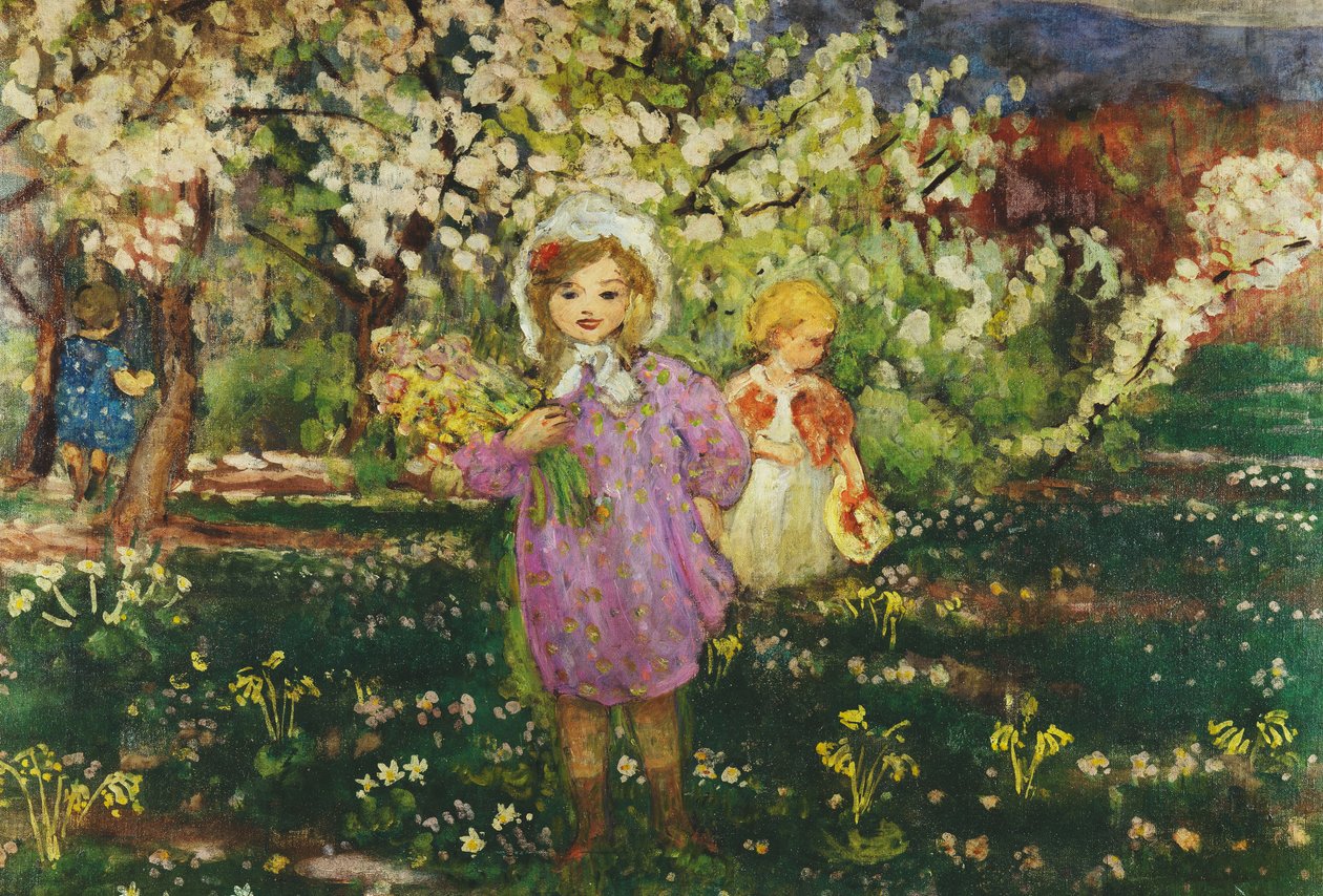 开花的果园里的孩子们；儿童果园盛开，1914年 作者 亨利·勒巴斯克