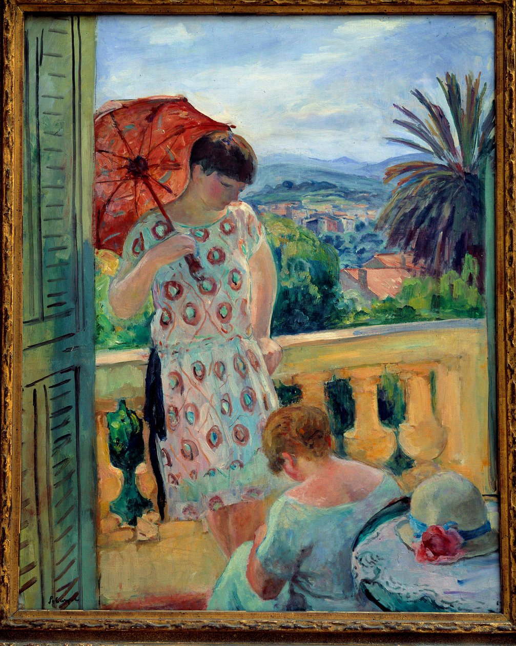 两个女人在阳台上或在阳台上，可以看到 Esterel。 亨利·勒巴斯克 (Henri Lebasque) (1865-1937) 的画作，1925-1926 年，布面油画，92.5 × 65 厘米。 里昂，美术博物馆 - 阳台或阳台上的两个女人，可以欣赏到 Esterel 的景色。 绘画亨利·莱巴斯 作者 亨利·勒巴斯克