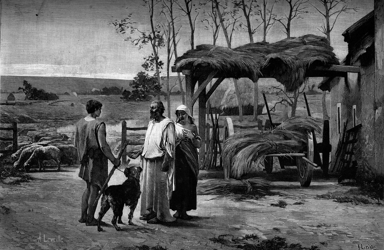 圣经场景。"雅各布在拉班"。根据亨利-勒罗尔-亨利（1848-1929）的画作雕刻的。载于1月31日的《图解世界》第1192期 作者 亨利·莱罗尔（Henri Lerolle）