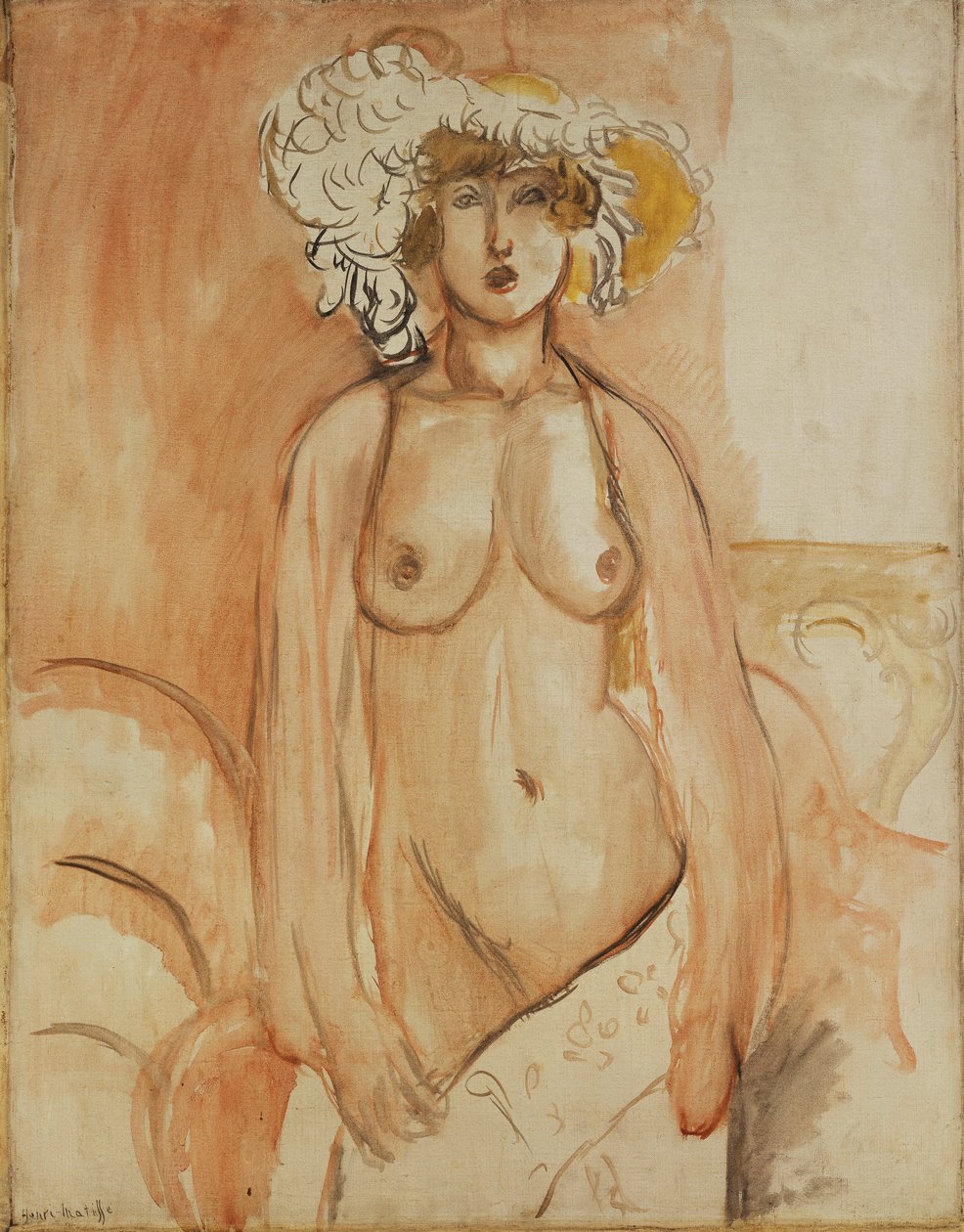 安托瓦内特站立，躯干袒露，头戴羽帽，约 1918 年（布面油画） 作者 亨利·马蒂斯