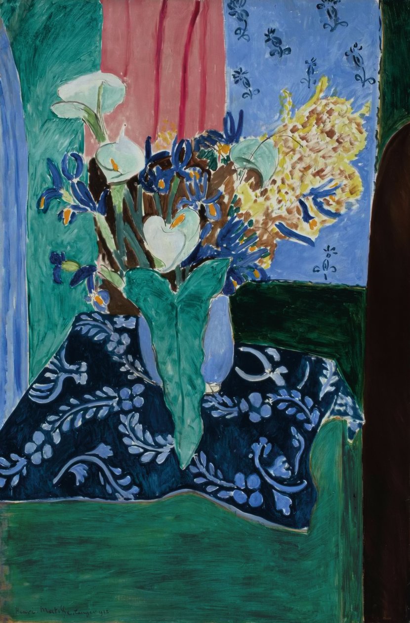 金鸡菊、鸢尾花和含羞草（蓝色桌布上蓝色花瓶中的鲜花） 作者 亨利·马蒂斯