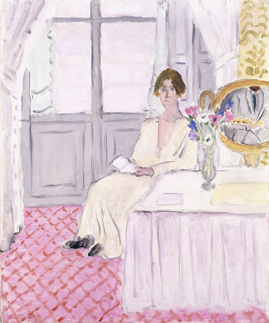 在桌子和花束前阅读的女子，尼斯 作者 亨利·马蒂斯