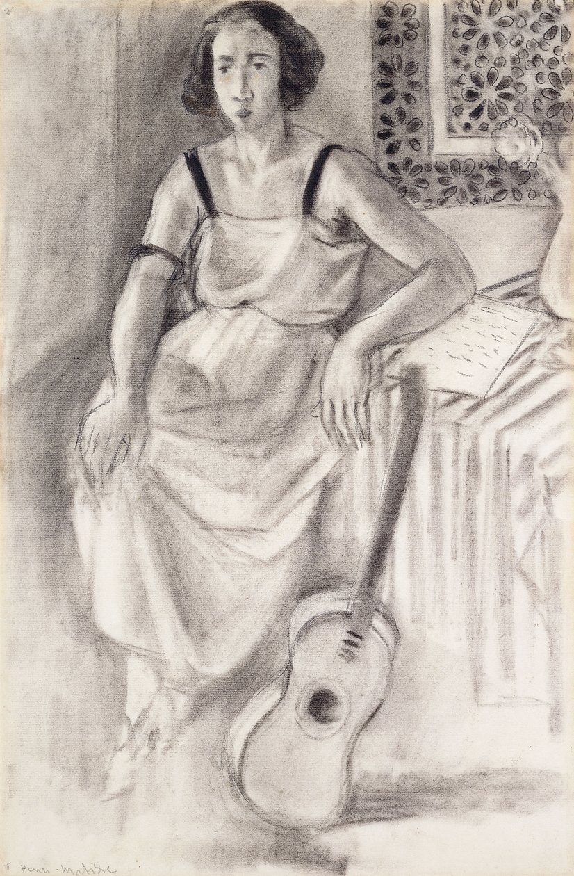 抱着吉他坐着的女人》，约 1921-23 年（纸上炭笔） 作者 亨利·马蒂斯