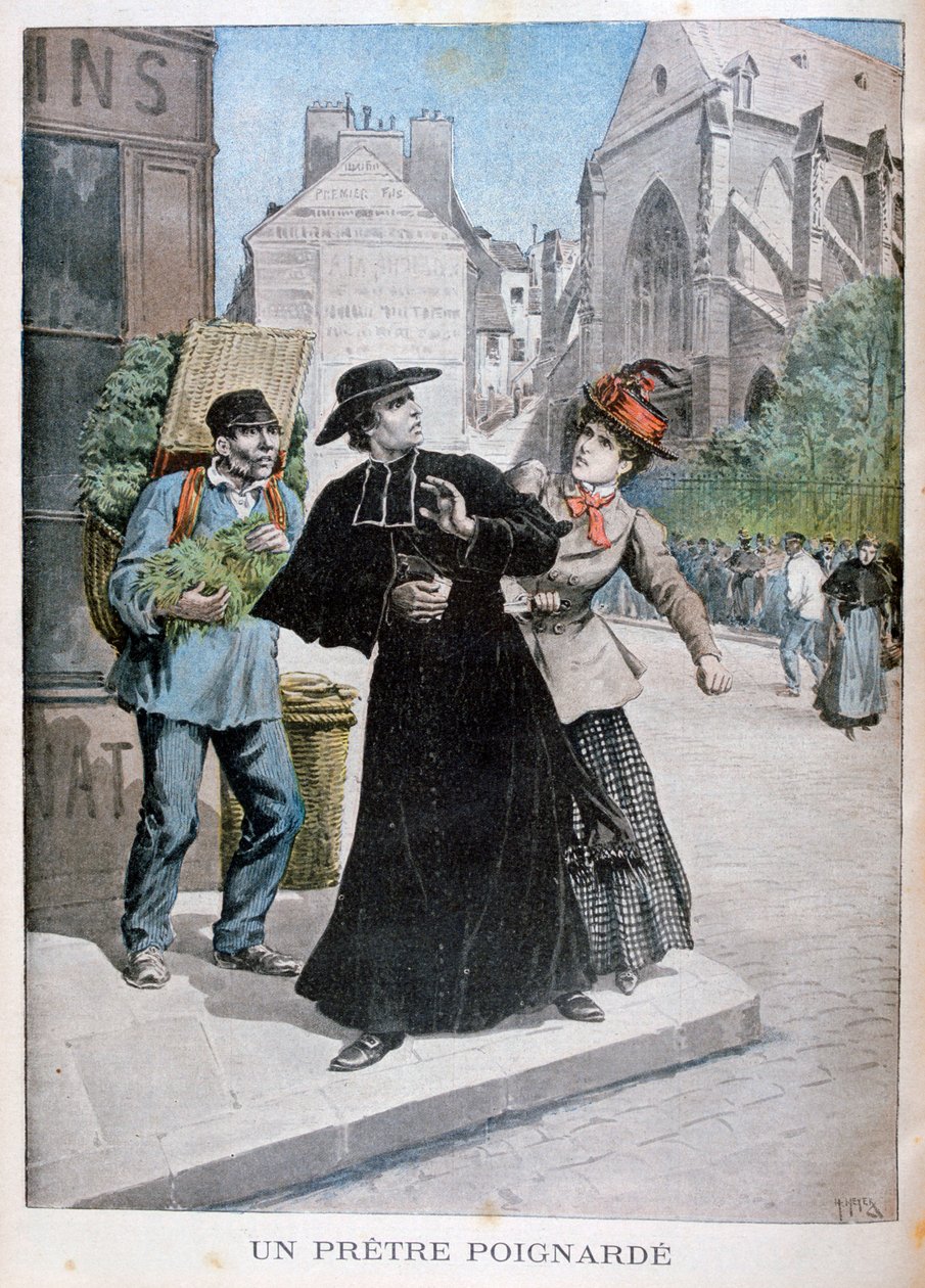1897年，法国，一名天主教牧师在街上被一名妇女刺伤 作者 亨利·迈耶（Henri Meyer）