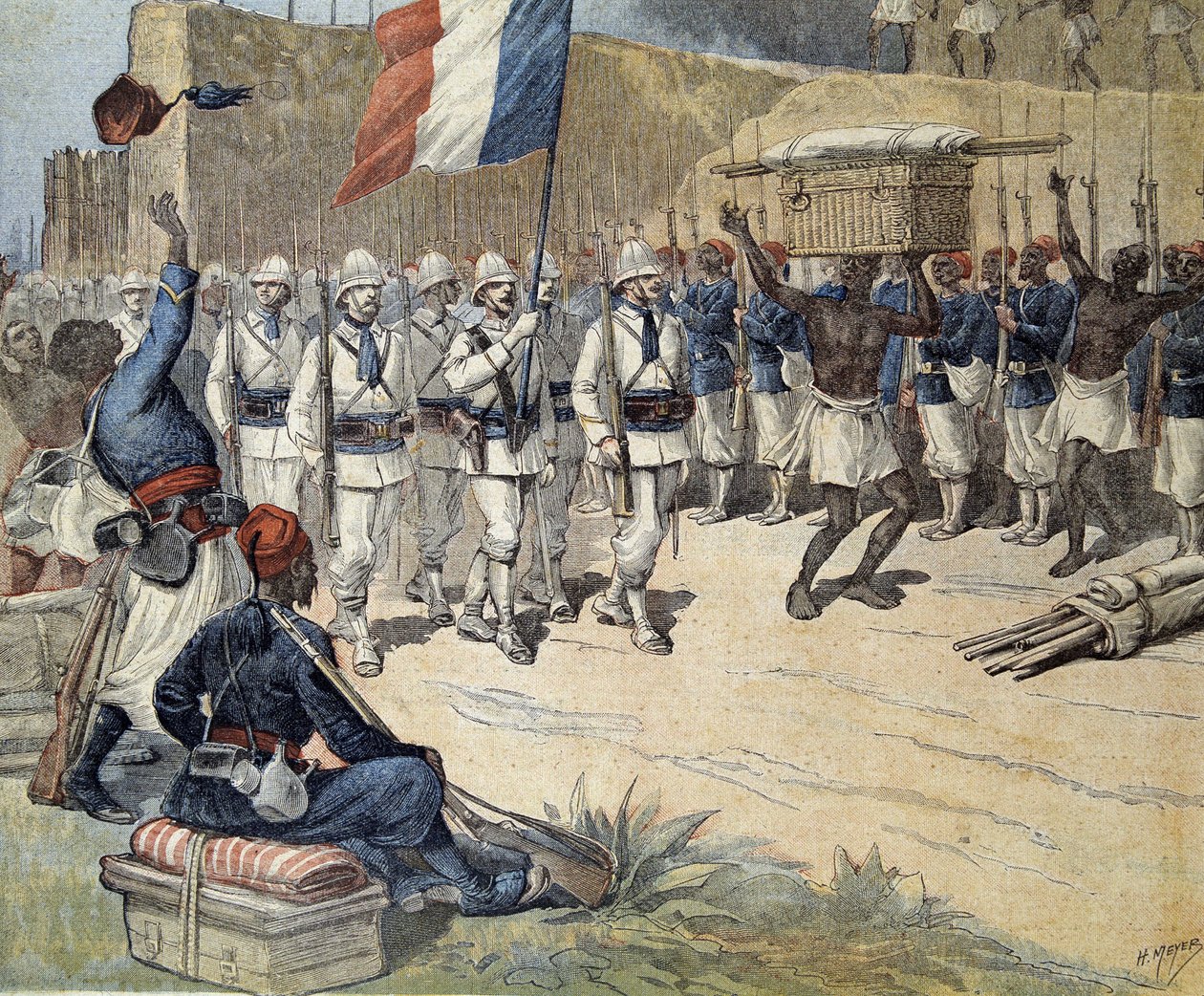At Dahomey (now Benin): entry of the French flag in Abomey - in “” Le Petity Journal”” of 10/12/1892 作者 亨利·迈耶（Henri Meyer）