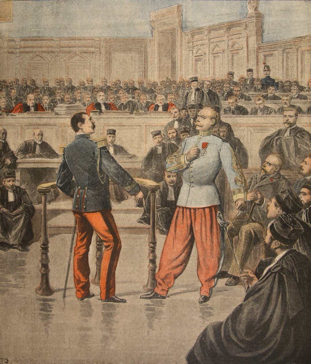 亨利上校和Picquart中校在Assisses法庭上发言，插图来自&39;Le Petit Journal：Supplement illustre&39;，1898年2月27日 作者 亨利·迈耶（Henri Meyer）