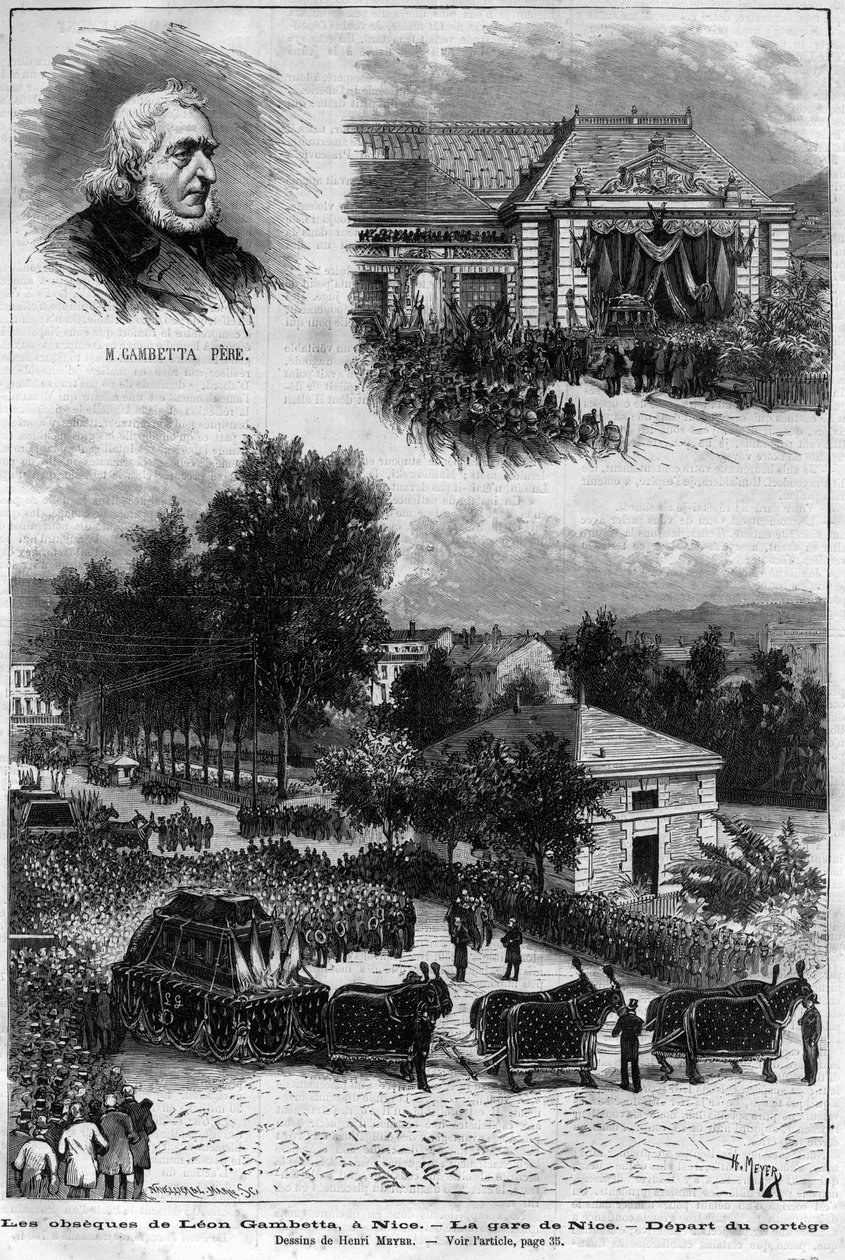 莱昂-甘贝塔（1838-1882）之死--莱昂-甘贝塔在尼斯的遗体--尼斯火车站--车队出发--载于1883年的《名流杂志》--亨利-迈耶（1844-1899）绘制。 作者 亨利·迈耶（Henri Meyer）