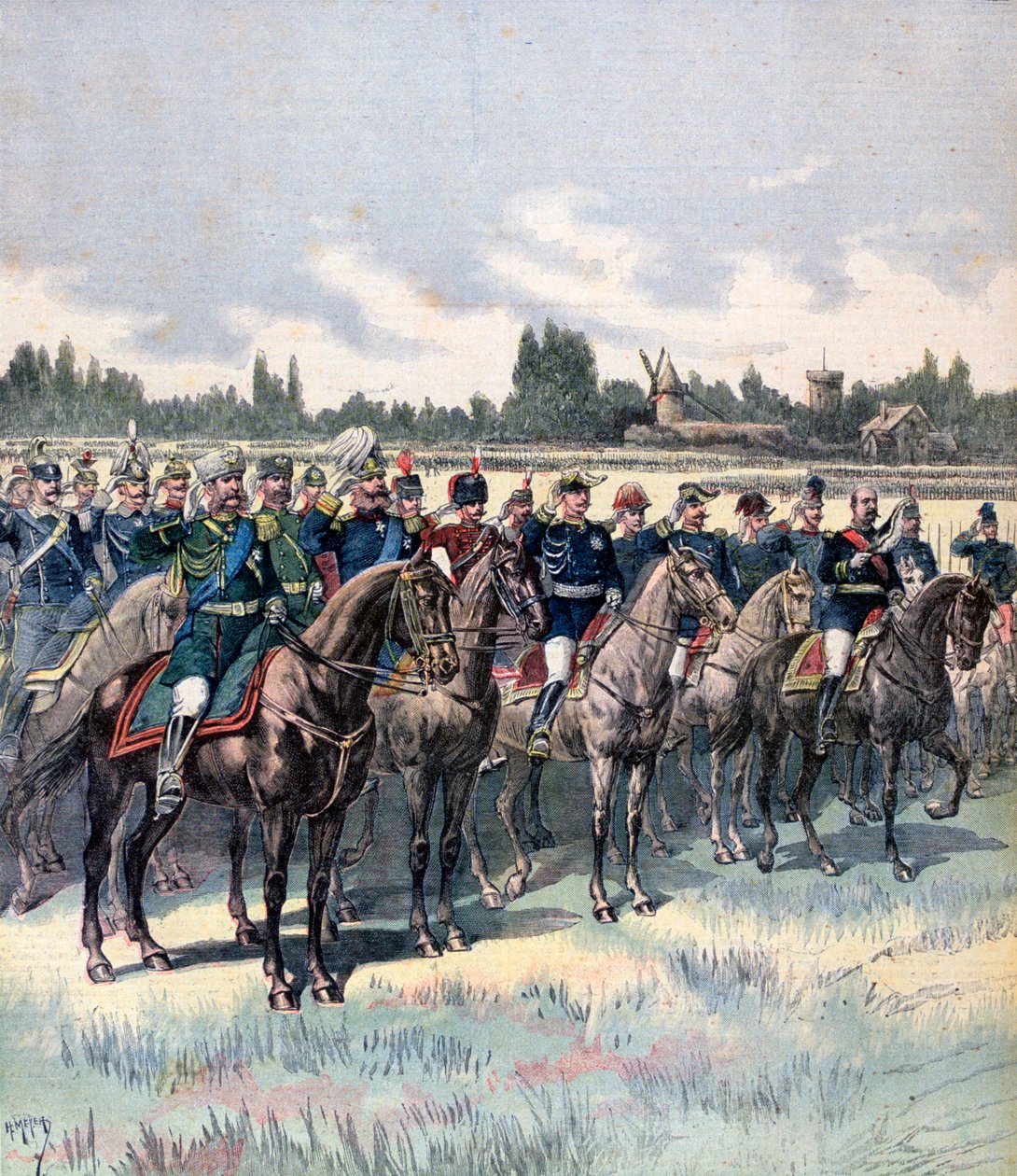 1891年7月14日与索绪尔将军和外国武官进行军事评论。 作者 亨利·迈耶（Henri Meyer）
