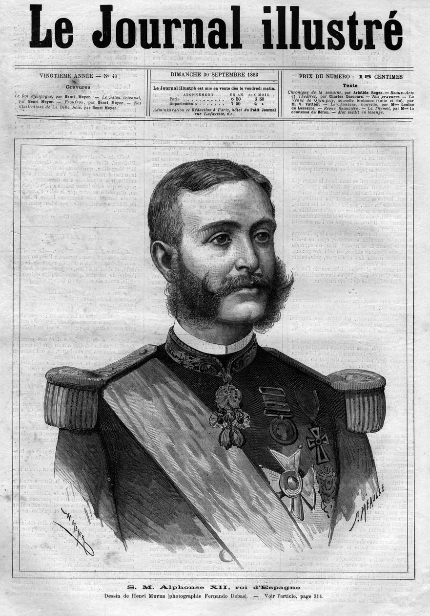 西班牙国王阿方索十二世（Alphonse XII）（1857-1885）的肖像--1883年《图解日记》的封面--由亨利-迈耶（1844-1899）绘制。 作者 亨利·迈耶（Henri Meyer）