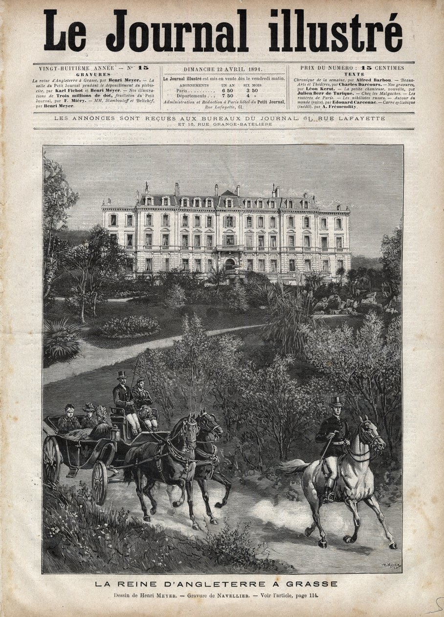 1891年4月英国女王维多利亚在法国。在格拉斯散步--1891年4月维多利亚女王在法国的格拉斯--1891年《图画杂志》的封面页--亨利-迈耶（1844-1899）的画作。 作者 亨利·迈耶（Henri Meyer）