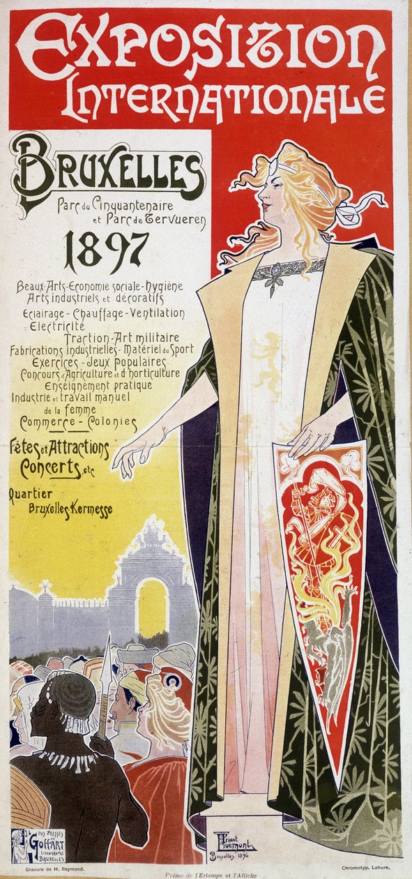 1897年布鲁塞尔国际博览会的海报，作者是亨利-普利瓦特-安托万-西奥多-利维蒙特（有时称为普利瓦特-利维蒙特）（1861-1936）。 作者 亨利·安托万·西奥多·利弗蒙特