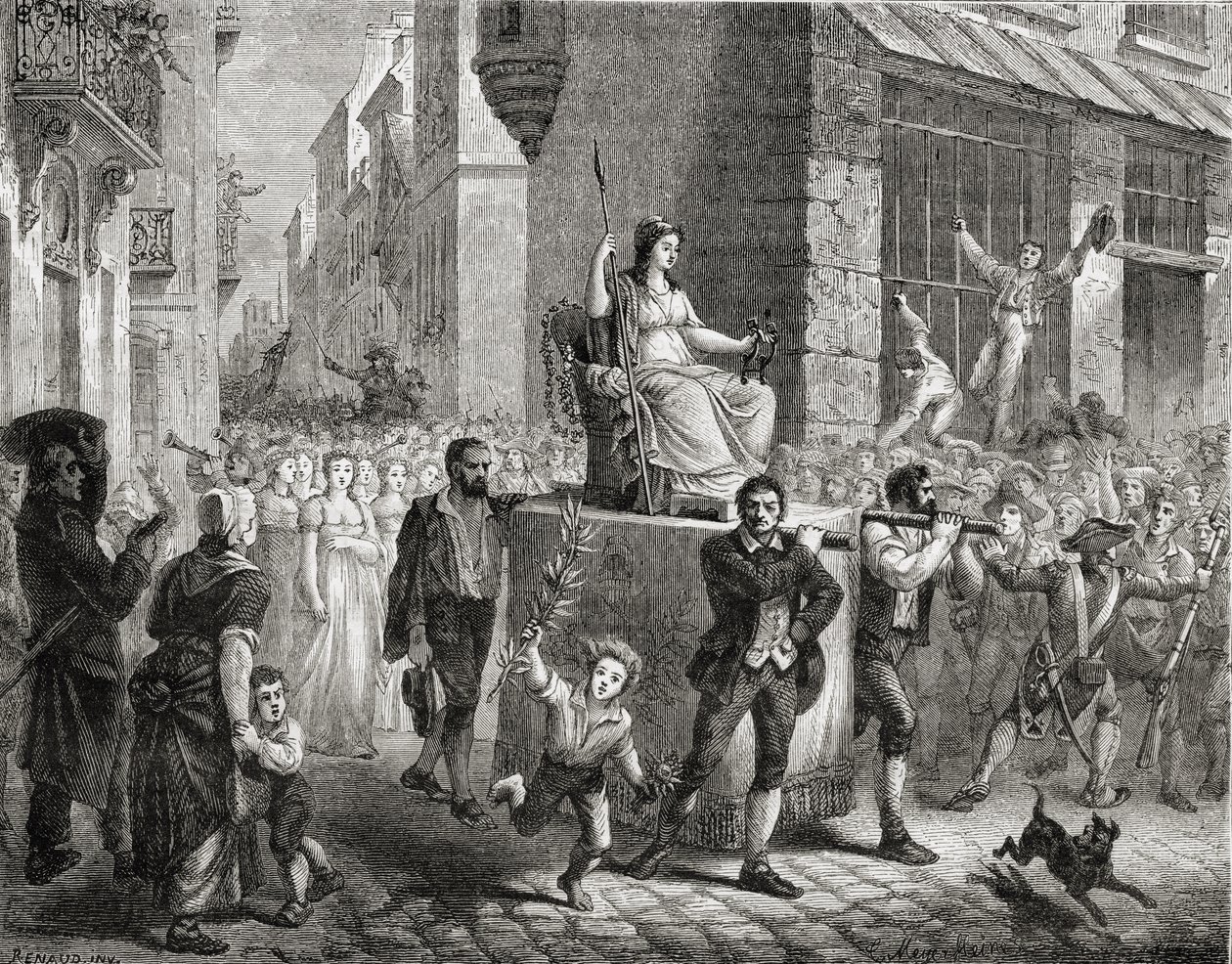 理性女神的游行，1793年11月10日，来自路易斯·布兰克（1811-82）的“革命法国化”，由Meyer-Heine雕刻，1847年至1862年 作者 亨利·雷诺（Henri Renaud）