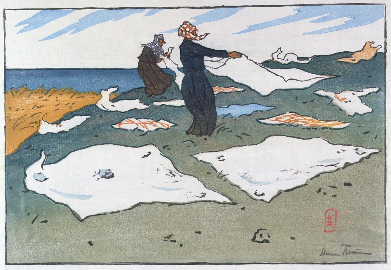 海边的布列塔尼洗衣妇，c.1900（彩色平版印刷） 作者 亨利·里维耶尔（Henri Riviere）