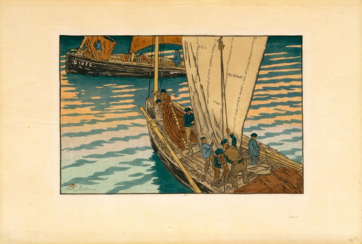 沙丁鱼船从Tréboul起航 作者 亨利·里维耶尔（Henri Riviere）