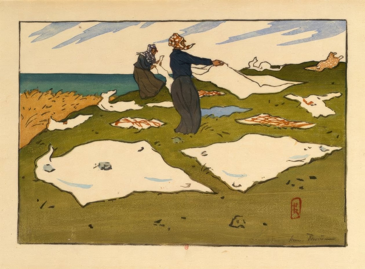 妇女在晾晒衣服（圣布里亚克）。 作者 亨利·里维耶尔（Henri Riviere）