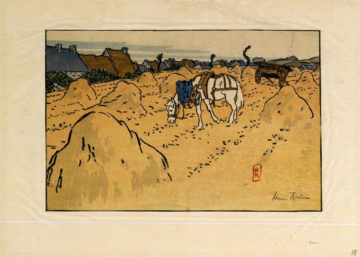 一匹马和拉夏贝尔村（圣布里亚克）。 作者 亨利·里维耶尔（Henri Riviere）