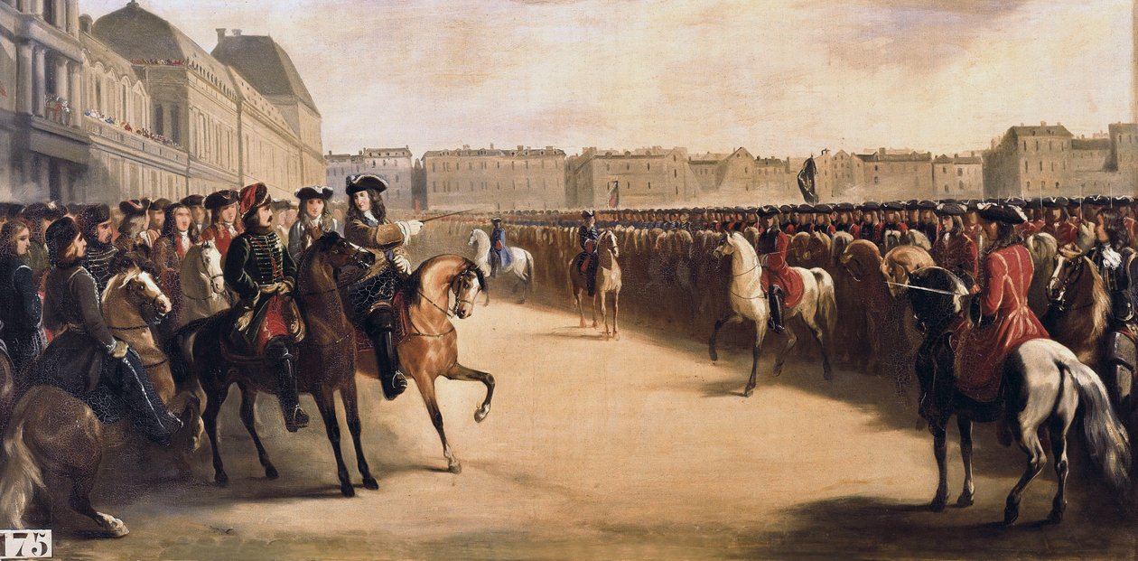 Tsar Peter I the Great of Russia (1672-1725) accompanied by the Regent Philip II Duke of Orleans (1674-1723) during his visit to France reviews the mounted troops at the Tuileries (Paris) on 16/06/1717 作者 亨利·塞鲁（Henri Serrur）