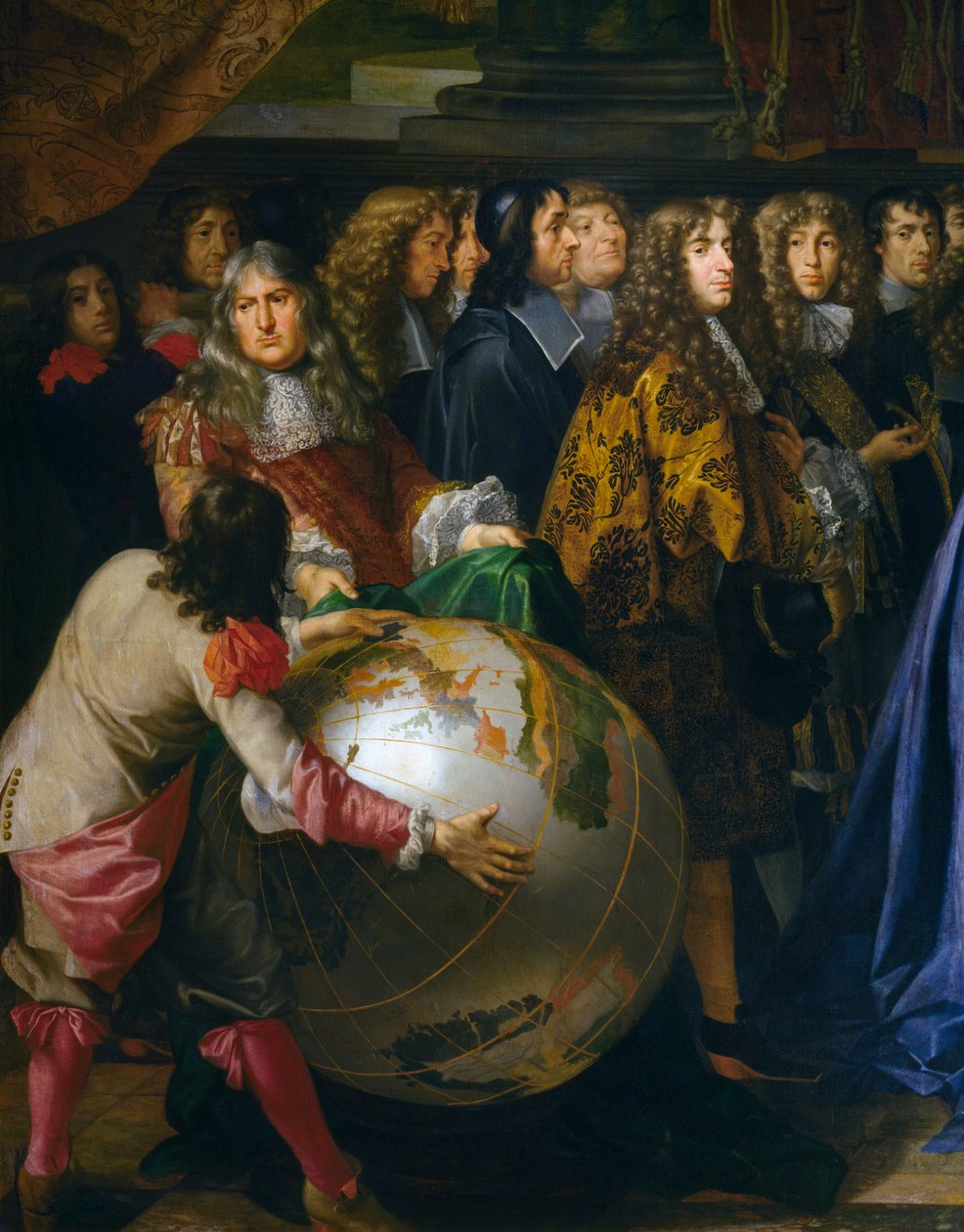 地球仪，1667 年让-巴蒂斯特·科尔伯特 (Jean-Baptiste Colbert) 向路易十四介绍皇家科学院院士的细节，布面油画，亨利·特斯特林 (Henri Testelin)（1616-1695 年）创作，厘米 348x590，法国 作者 亨利·泰特林