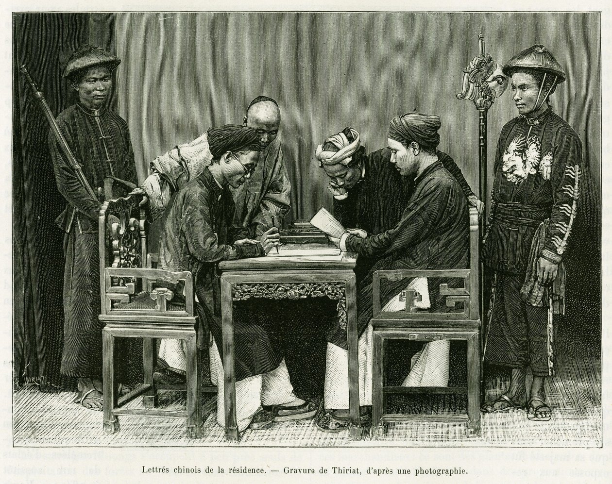 Chinese letters from the French residence in Hanoi. Engraving by Thiriat, after a photograph, to illustrate the story Trente mois au Tonkin in 1884, by Doctor Hocquard, in le tour du monde 1889, directed by Edouard Charton (1807-1890), Hachette, Paris. 作者 亨利·提里亚特