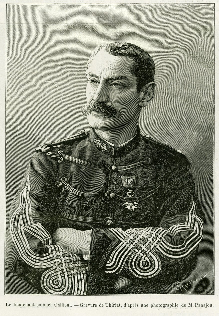 约瑟夫·加列尼中校 (1849-1916)。 Thiriat 雕刻，以说明故事 在法属苏丹的两次战役 作者 亨利·提里亚特