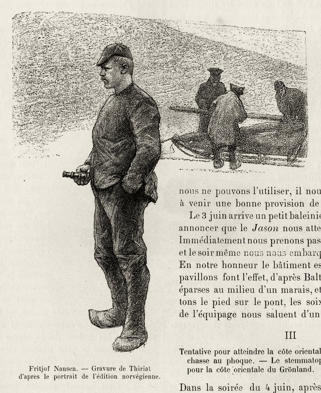 Fridtjof Nansen (1861-1930) 挪威极地探险家的肖像。 Thiriat 的版画，说明弗里乔夫·南森 (1861-1930) 的故事“格陵兰首映式”，1888 年，在 Le tour du monde，nouveau journal des voyages，Edo 编辑 作者 亨利·提里亚特