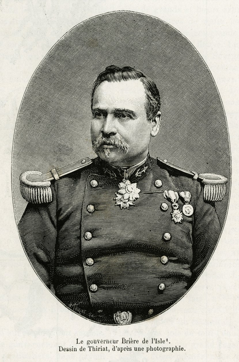 路易斯-布里埃-德-拉伊尔总督（1827-1896）的肖像，法国将军和殖民地管理者。Thiriat的雕刻作品，用于说明海军陆战队步兵指挥官Gallieni于1880-1881年在上尼日尔的探索故事，发表在The To上。 作者 亨利·提里亚特