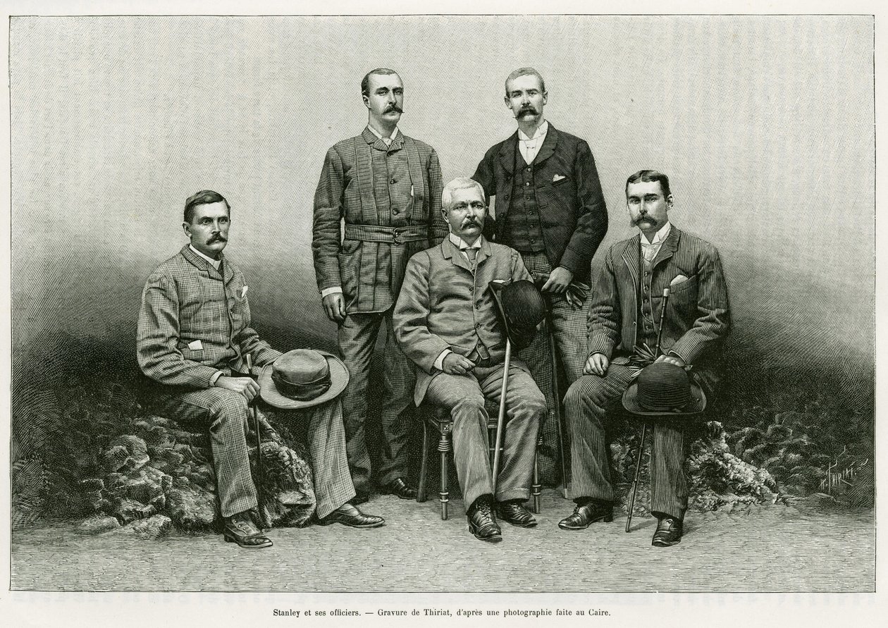 亨利-莫顿-斯坦利（John Rowlands 1841-1904）的肖像从左边开始围绕着他的官员。Thomas Heazle Parke博士（1857-93）、Robert H. Nelson、William G. Stairs和Arthur J. M. Jephson。瑟里亚特的雕刻作品，为故事《Dans les tenebr》作插图。 作者 亨利·提里亚特