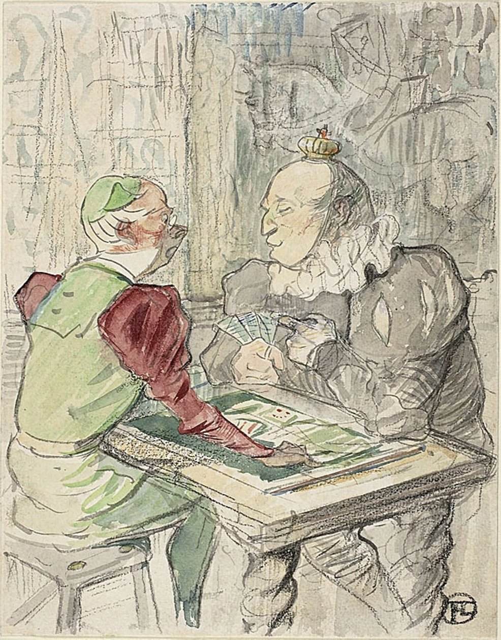 国王的纸牌游戏，复制品，1895 年之后（纸上水彩和蜡笔） 作者 亨利·德（后）图卢兹·劳特雷克