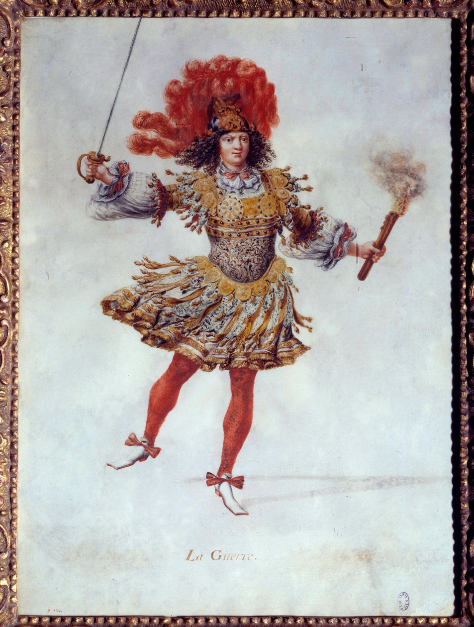 在卡洛-卡普里奥利（或卡普罗利）-德尔维奥利诺（Carlo Caprioli (or Caproli) del Violino）于 1654 年 1 月 26 日在波旁王朝上演的芭蕾舞剧 "Les noces de Pelee et Thetis" (Le Nozze di Peleo et di Teti)中，一手拿着火炬，一手拿着剑的战争服装。战争的角色 作者 亨利·德·吉赛