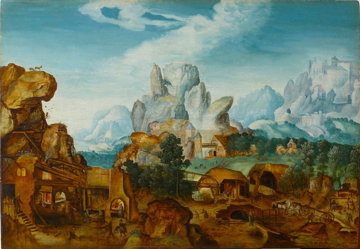 带有锻造装置的岩石景观 《飞往埃及》，1550年前。 作者 亨利·德·赫里遇见德·布莱斯