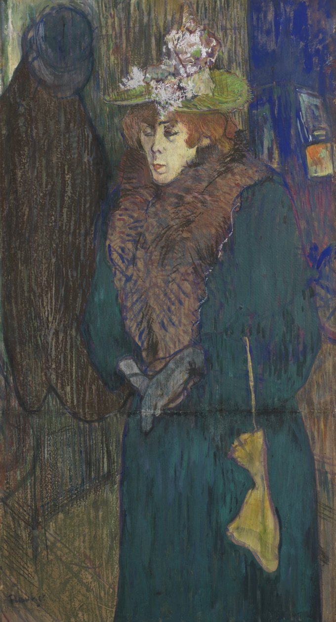 简·艾弗里尔（Jane Avril），约于1892年在红磨坊入口处（船上的粉彩和水粉画） 作者 亨利·德·图卢兹·劳特雷克