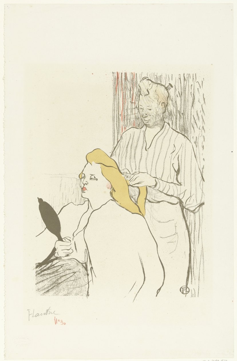 理发师手持镜子为坐着的妇女梳头
Le coiffeur Programme du Théâtre Libre 作者 Henri de Toulouse Lautrec（艺术家签名）