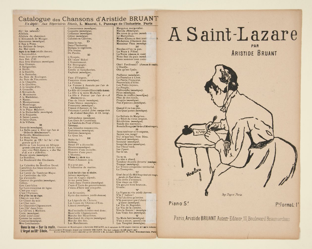 A Saint-Lazare》，阿里斯蒂德-布鲁昂词曲，乐谱封面 作者 亨利·德·图卢兹·劳特雷克